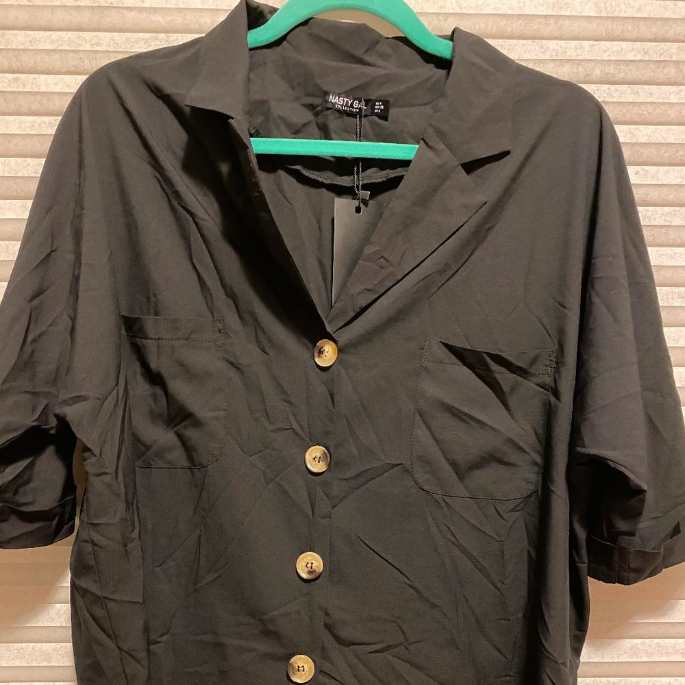 V-Neckline Relaxed Shirt with Tortoiseshell Button